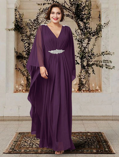 Weitese A-Line Mother of the Bride Dress Plus Size Elegant V Neck Floor Length Chiffon Long Sleeve with Pleats Crystals