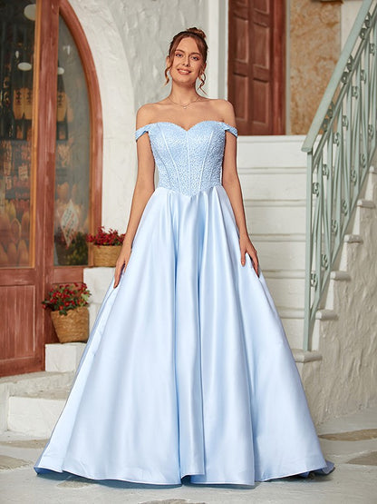 Weitese Ball Gown Satin Beading Off-the-Shoulder Sleeveless Sweep/Brush Train Dresses