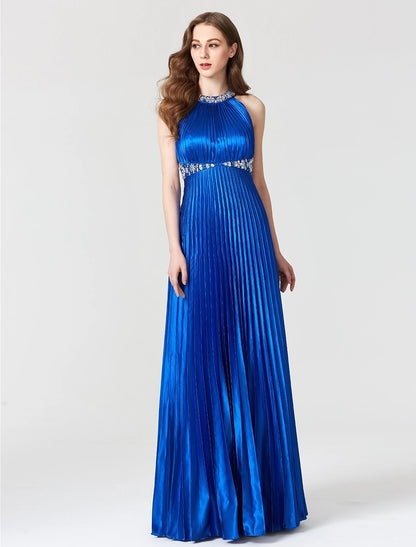 Weitese A-Line Beautiful Back Dress Holiday Cocktail Party Floor Length Sleeveless Jewel Neck Satin with Pleats Beading