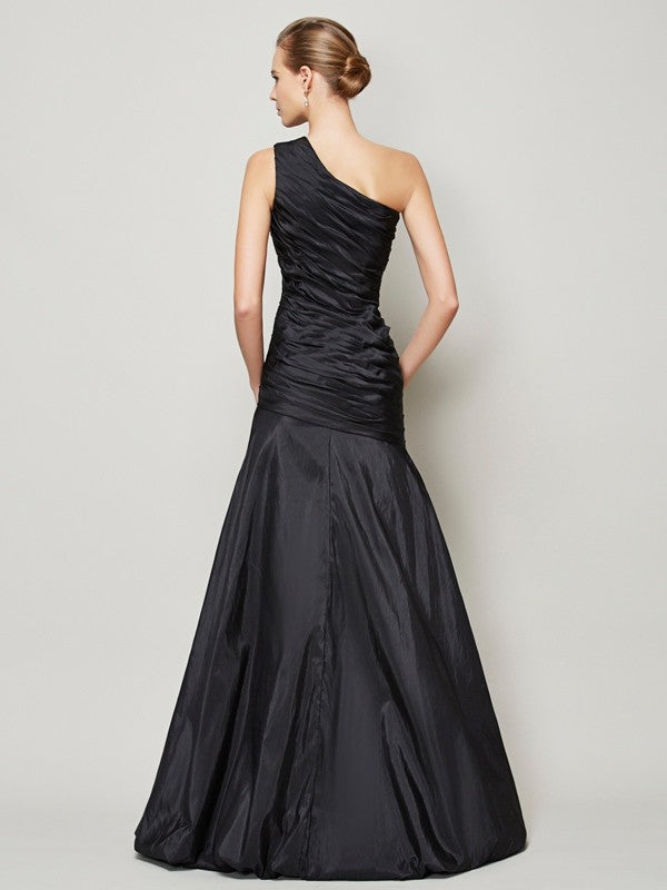 Weitese A-Line/Princess One-Shoulder Sleeveless Pleats Long Taffeta Bridesmaid Dresses