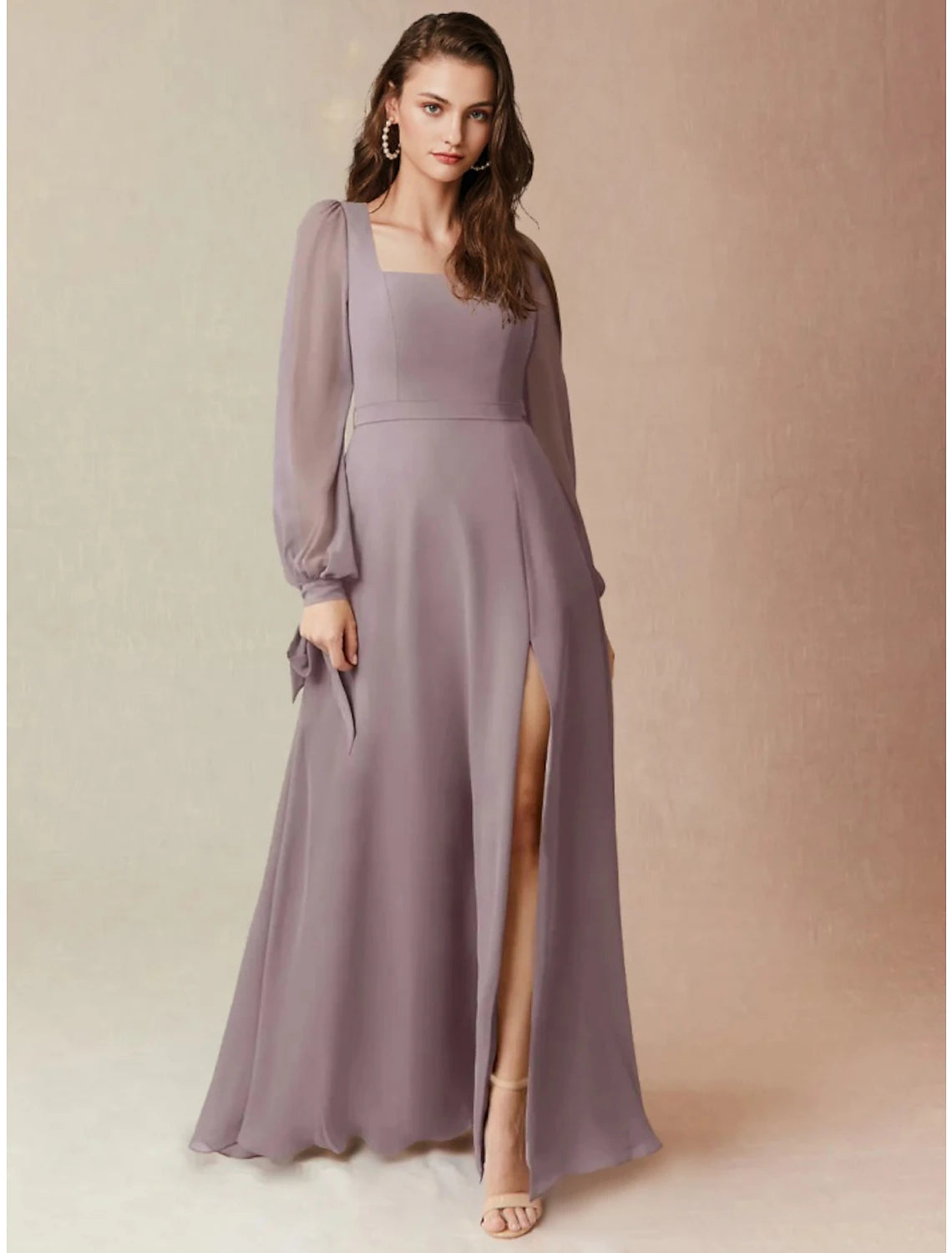 Weitese A-Line Bridesmaid Dress Square Neck Long Sleeve Elegant Floor Length Chiffon with Split Front / Ruching