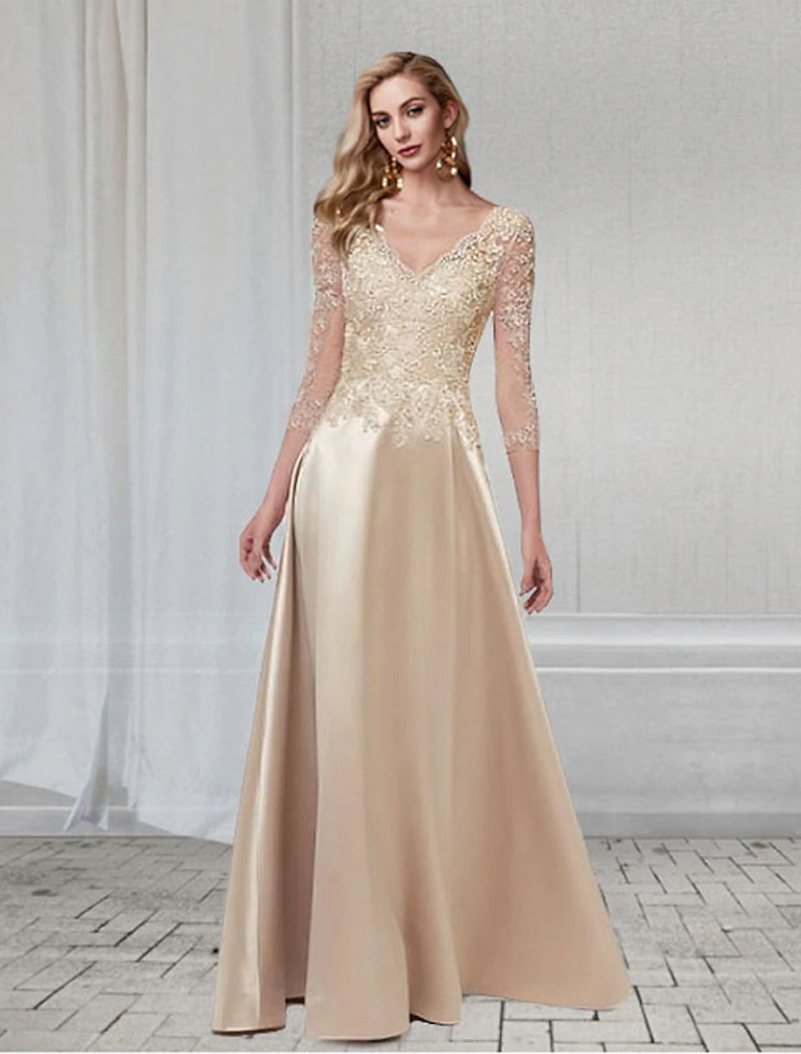 Weitese A-Line Evening Gown Elegant Dress Wedding Guest Formal Evening Floor Length 3/4 Length Sleeve V Neck Chiffon with Appliques