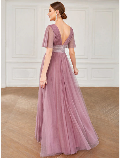 Weitese A-Line Bridesmaid Dress V Neck Short Sleeve Plus Size Floor Length Tulle with Ruffles