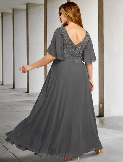 Weitese A-Line Mother of the Bride Dresses Plus Size Hide Belly Curve Elegant Dress Formal Floor Length Short Sleeve V Neck Chiffon with Pleats Appliques