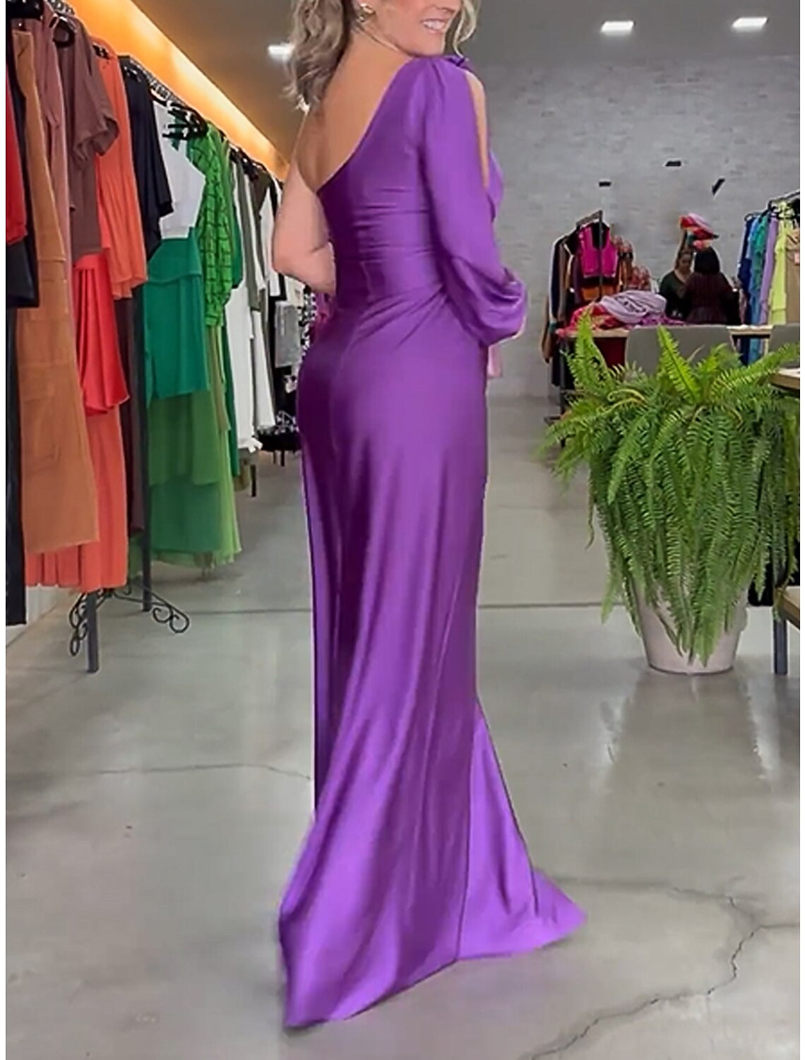 Weitese Women's Prom Dress Party Dress Satin Dress Long Dress Maxi Dress Purple Long Sleeve Pure Color Ruched Spring Fall Winter One Shoulder Fashion Winter Dress Evening Party Wedding Guest