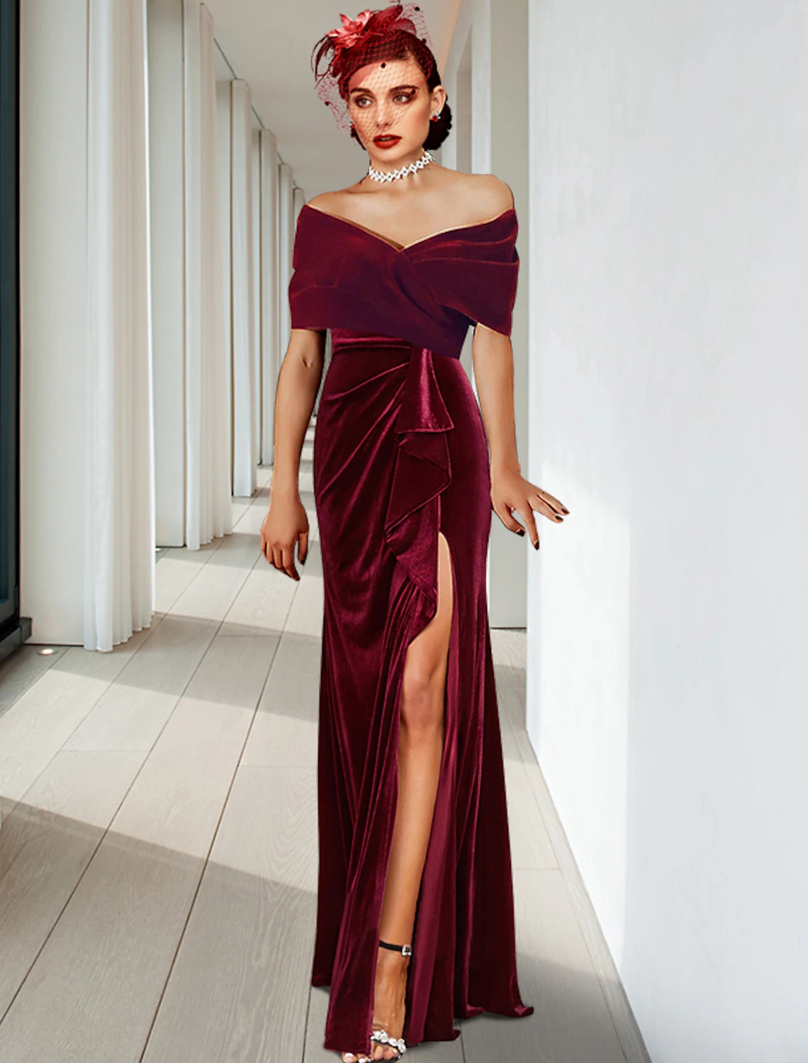 Weitese Sheath / Column Evening Gown Elegant Dress Wedding Guest Cocktail Party Floor Length Sleeveless V Neck Velvet with Pleats Ruffles