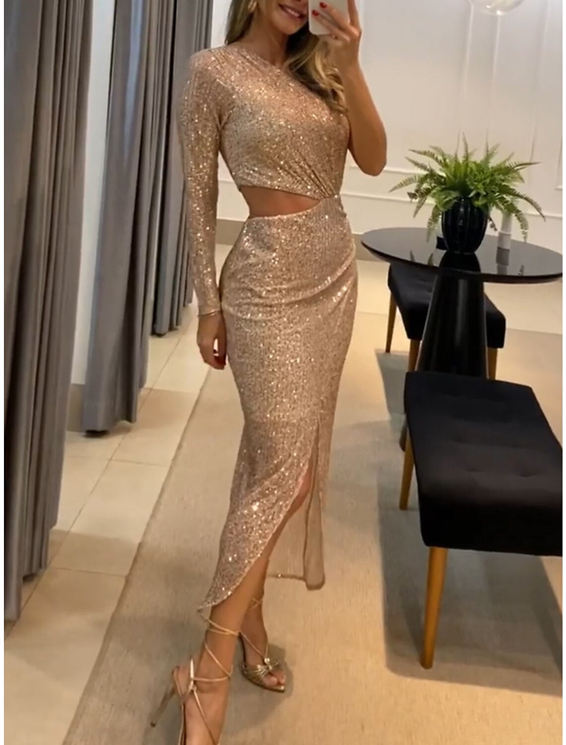 Weitese Women's Prom Dress Party Dress Sequin Dress Long Dress  Long Sleeve Pure Color Sequins Spring Fall Winter One Shoulder Fashion Winter Dress Wedding Guest Evening Party  Fall Winter One Shoulder Fashion Winter Dress Wedding Guest Evening Party