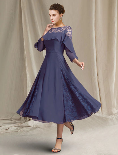 Weitese A-Line Mother of the Bride Dress Elegant Jewel Neck Tea Length Chiffon 3/4 Length Sleeve with Pleats Sequin Ruffles