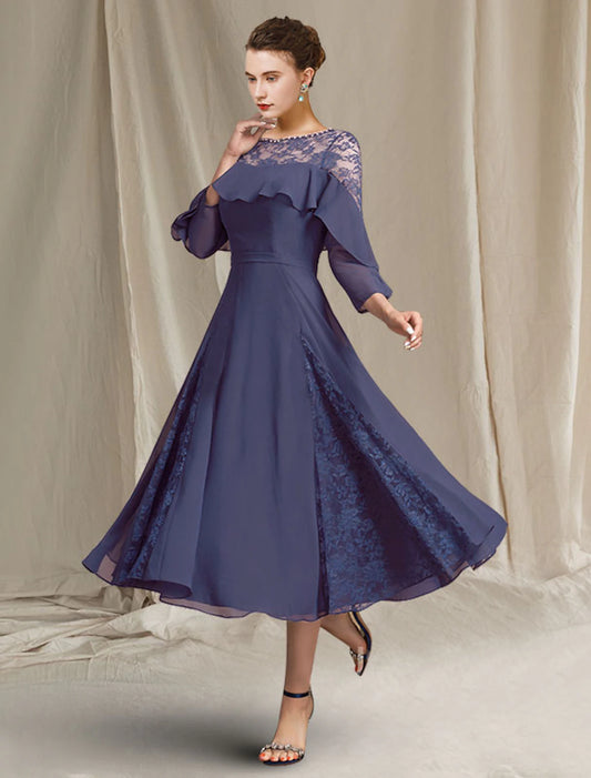 Weitese A-Line Mother of the Bride Dress Elegant Jewel Neck Tea Length Chiffon 3/4 Length Sleeve with Pleats Sequin Ruffles