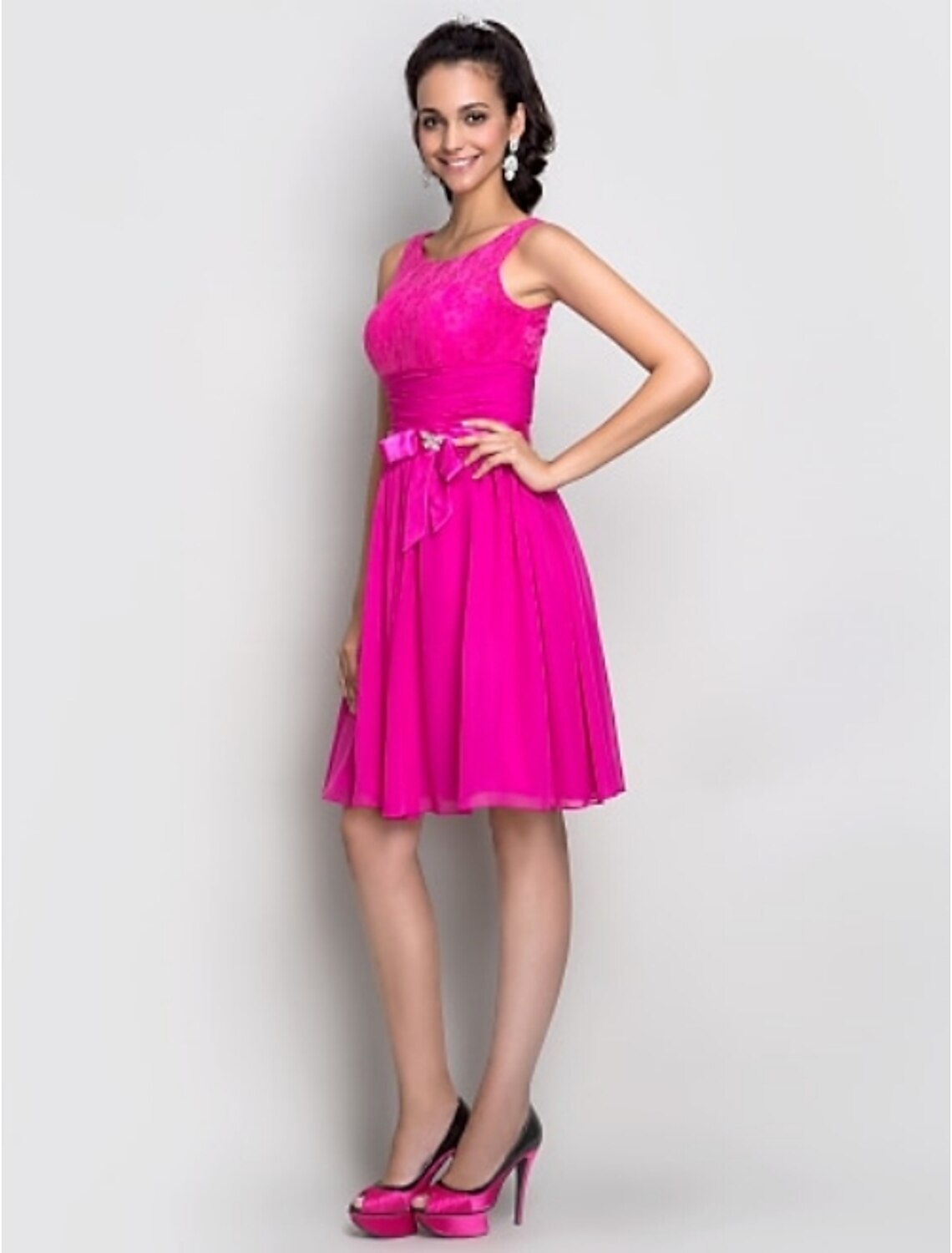 Weitese Fit & Flare Scoop Neck Knee Length Stretch Satin Cocktail Party Dress with Bow(s) / Lace