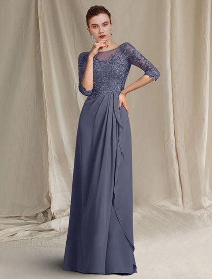 Weitese Sheath / Column Mother of the Bride Dress Plus Size Elegant Jewel Neck Floor Length Chiffon Lace 3/4 Length Sleeve with Pleats Ruffles Appliques