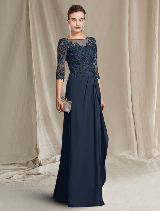 Weitese A-Line Mother of the Bride Dress Elegant V Neck Floor Length Chiffon Lace Half Sleeve with Draping Appliques