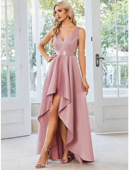 Weitese A-Line Wedding Guest Dresses Casual Dress Party Wear Wedding Party Asymmetrical Sleeveless V Neck Satin with Ruffles Pure Color