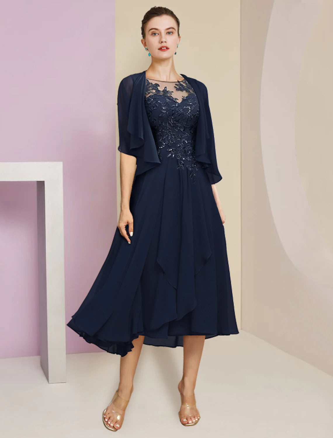 Weitese Two Piece A-Line Mother of the Bride Dress Formal Wedding Guest Elegant Scoop Neck Tea Length Chiffon Lace Short Sleeve Fall Wrap Included with Pleats Sequin Appliques