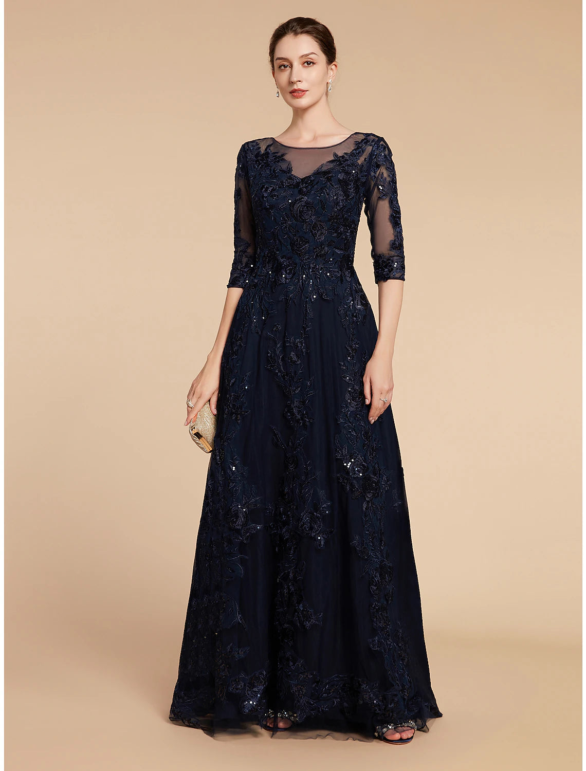 Weitese A-Line Mother of the Bride Dress Luxurious Elegant Jewel Neck Floor Length Lace Tulle Imitated Silk 3/4 Length Sleeve with Sequin Appliques