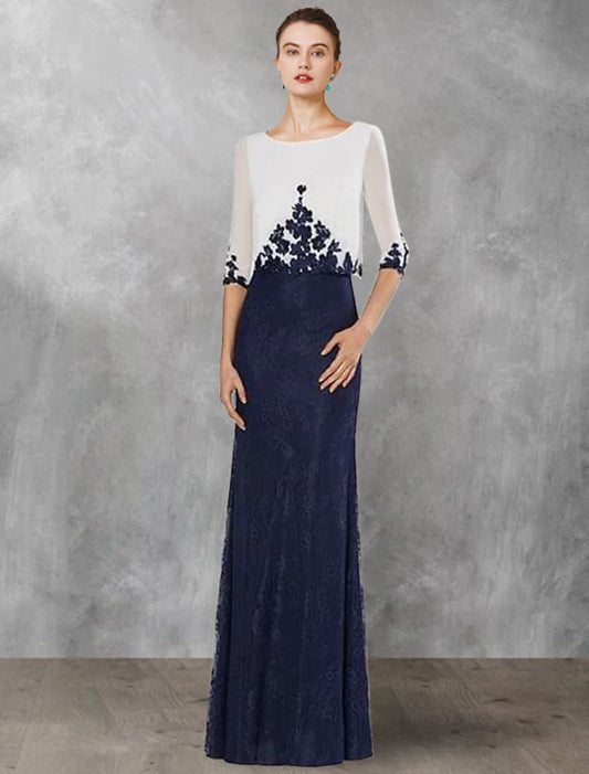 Weitese Two Piece Sheath / Column Mother of the Bride Dress Wedding Guest Vintage Elegant Jewel Neck Floor Length Chiffon Lace Half Sleeve with Appliques Color Block