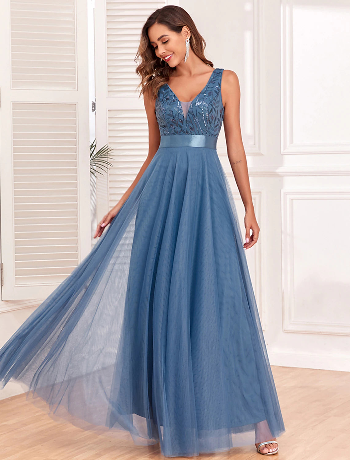 Weitese A-Line Evening Gown Elegant Dress Evening Party Prom Floor Length Sleeveless V Neck Belt / Sash Tulle V Back with Glitter Embroidery