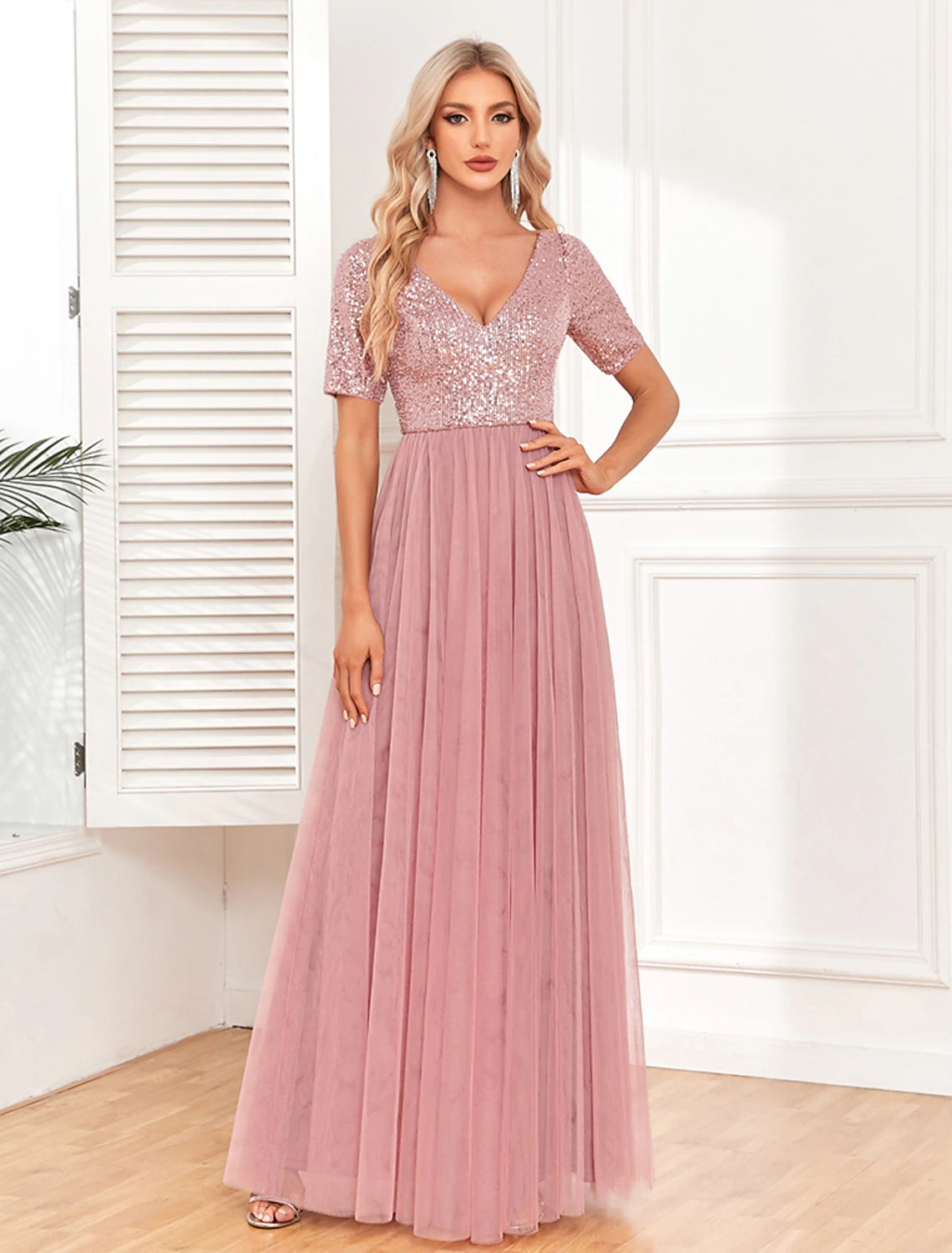 Weitese Women's Sequin Dress Party Dress Cocktail Dress Long Dress Maxi Dress Pink Short Sleeve Pure Color Zipper Summer Spring Fall V Neck Formal Evening Party