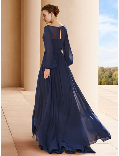 Weitese A-Line Mother of the Bride Dress Wedding Guest Elegant V Neck Floor Length Chiffon Long Sleeve with Ruching Solid Color