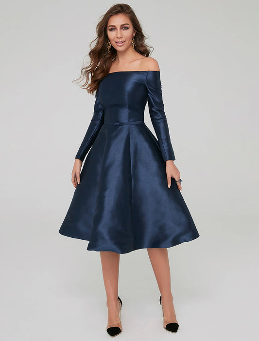 Weitese A-Line Special Occasion Dresses Party Dress Wedding Guest Cocktail Party Knee Length Long Sleeve Off Shoulder Satin with Pleats