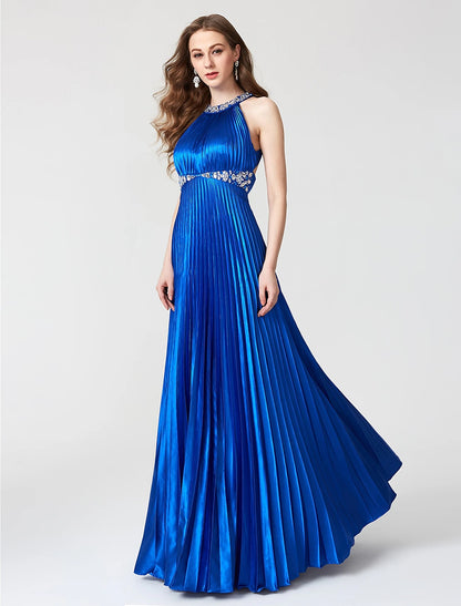 Weitese A-Line Beautiful Back Dress Holiday Cocktail Party Floor Length Sleeveless Jewel Neck Satin with Pleats Beading