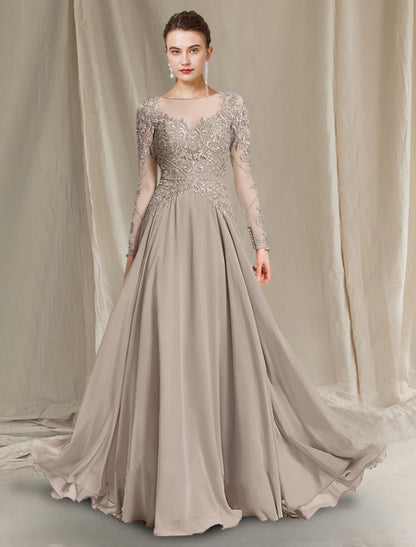 Weitese A-Line Mother of the Bride Dress Luxurious Elegant Jewel Neck Floor Length Chiffon Lace Long Sleeve with Pleats Appliques