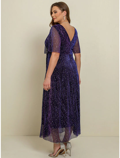 Weitese Women's Plus Size Curve Party Dress A Line Dress Tunic Dress Plain Long Dress Maxi Dress Short Sleeve Basic V Neck Elegant Wedding Purple Summer Spring