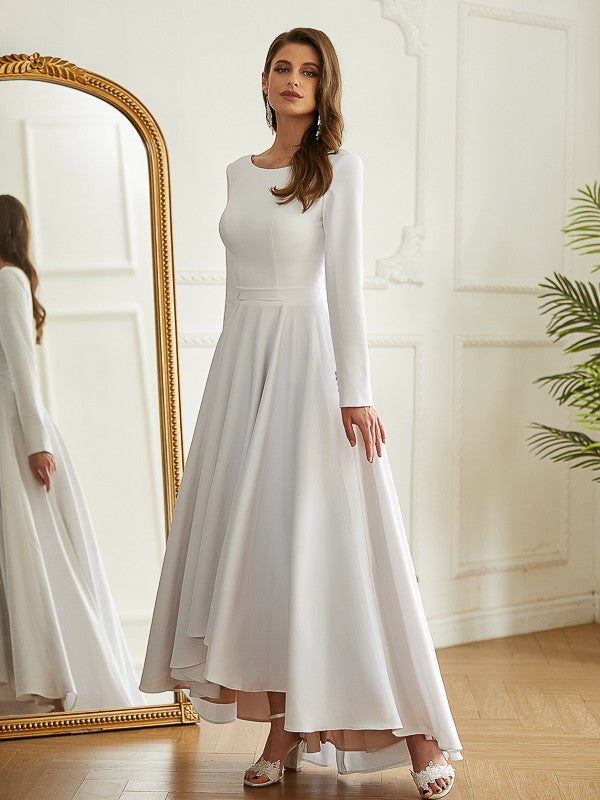 Weitese A-Line/Princess Stretch Crepe Ruffles Scoop Long Sleeves Asymmetrical Wedding Dresses