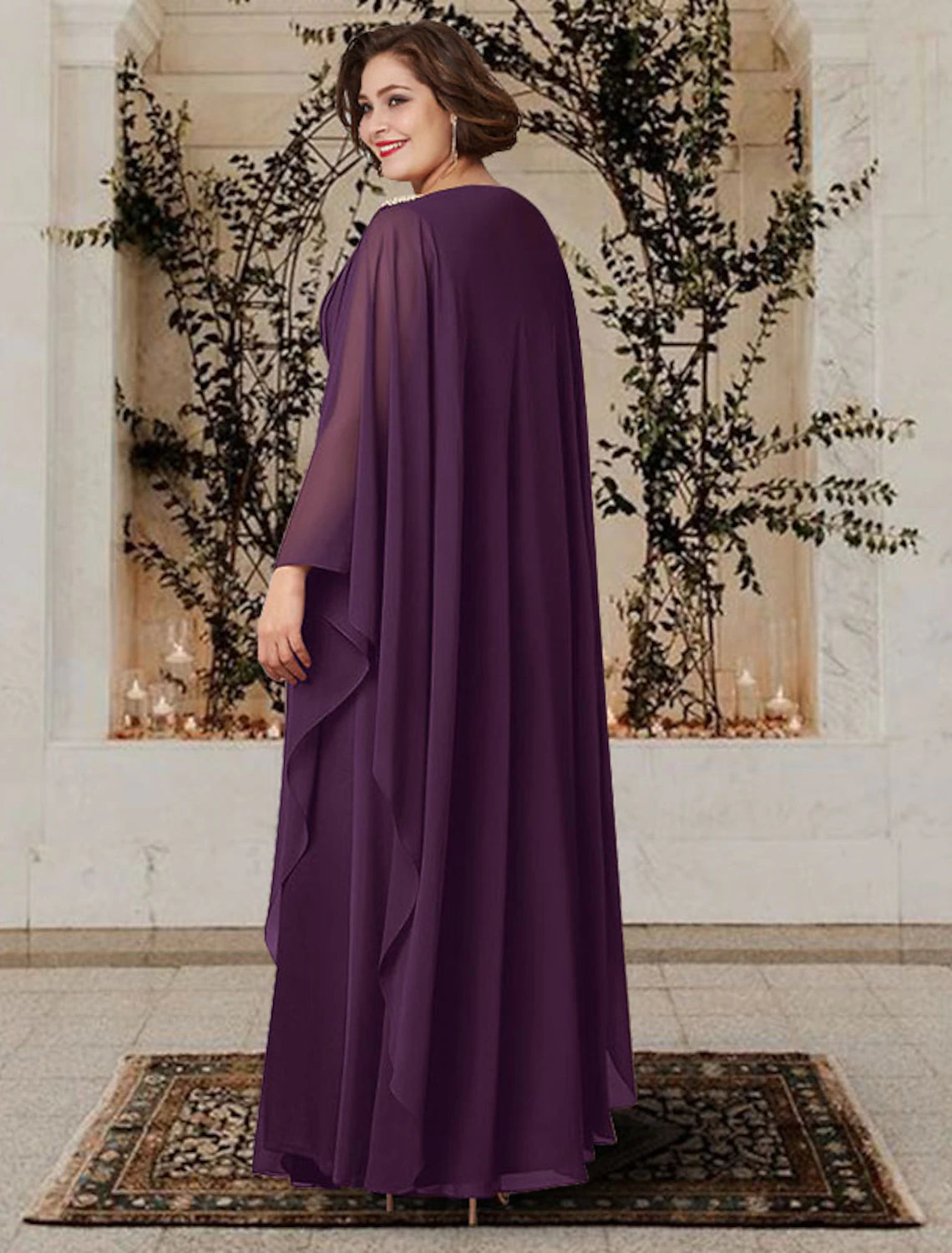 Weitese A-Line Mother of the Bride Dress Plus Size Elegant V Neck Floor Length Chiffon Long Sleeve with Pleats Crystals