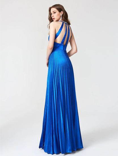 Weitese A-Line Beautiful Back Dress Holiday Cocktail Party Floor Length Sleeveless Jewel Neck Satin with Pleats Beading