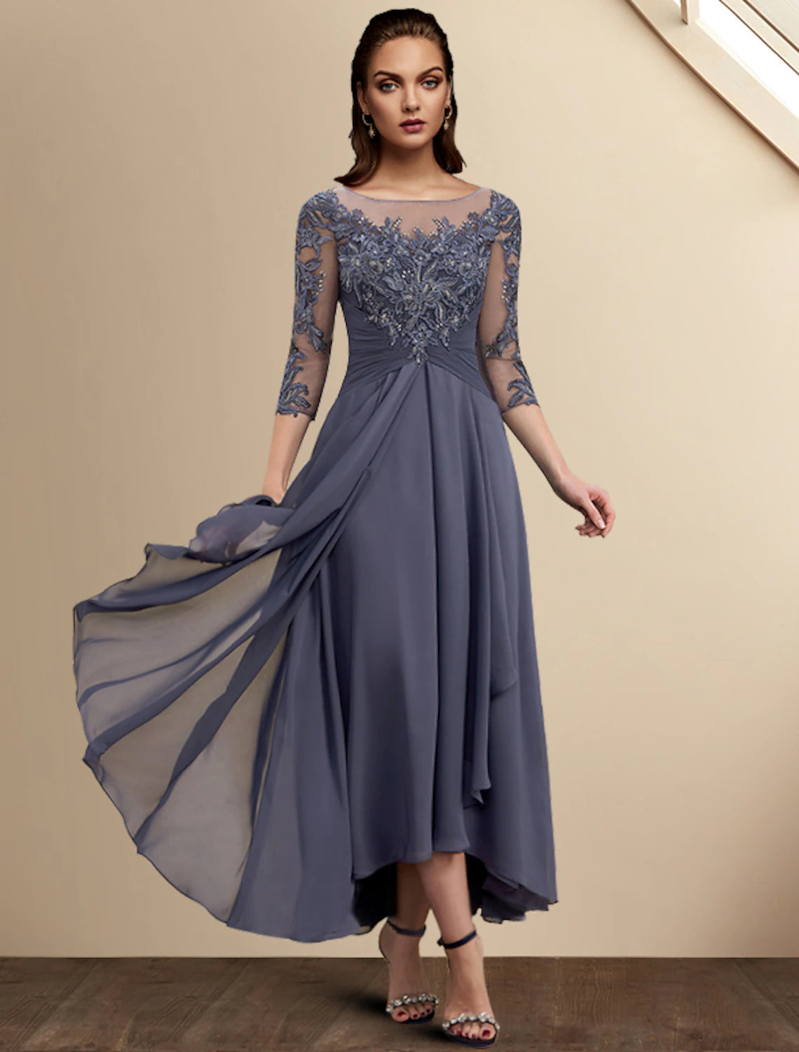 Weitese A-Line Mother of the Bride Dress Wedding Guest Plus Size Elegant High Low Jewel Neck Asymmetrical Tea Length Chiffon Lace 3/4 Length Sleeve with Sequin Appliques Fall