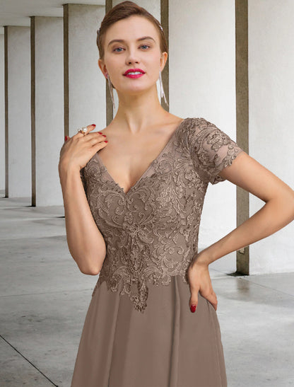 Weitese A-Line Mother of the Bride Dress Plus Size Elegant V Neck Ankle Length Chiffon Lace Short Sleeve with Appliques