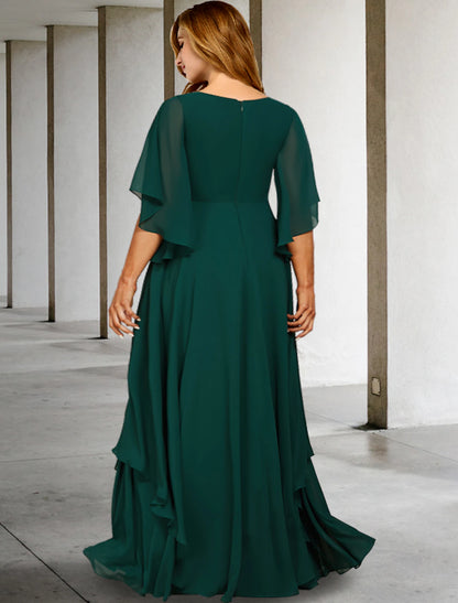 Weitese A-Line Mother of the Bride Dresses Plus Size Hide Belly Curve Elegant Dress Formal Sweep / Brush Train Half Sleeve V Neck Chiffon with Ruffles Strappy