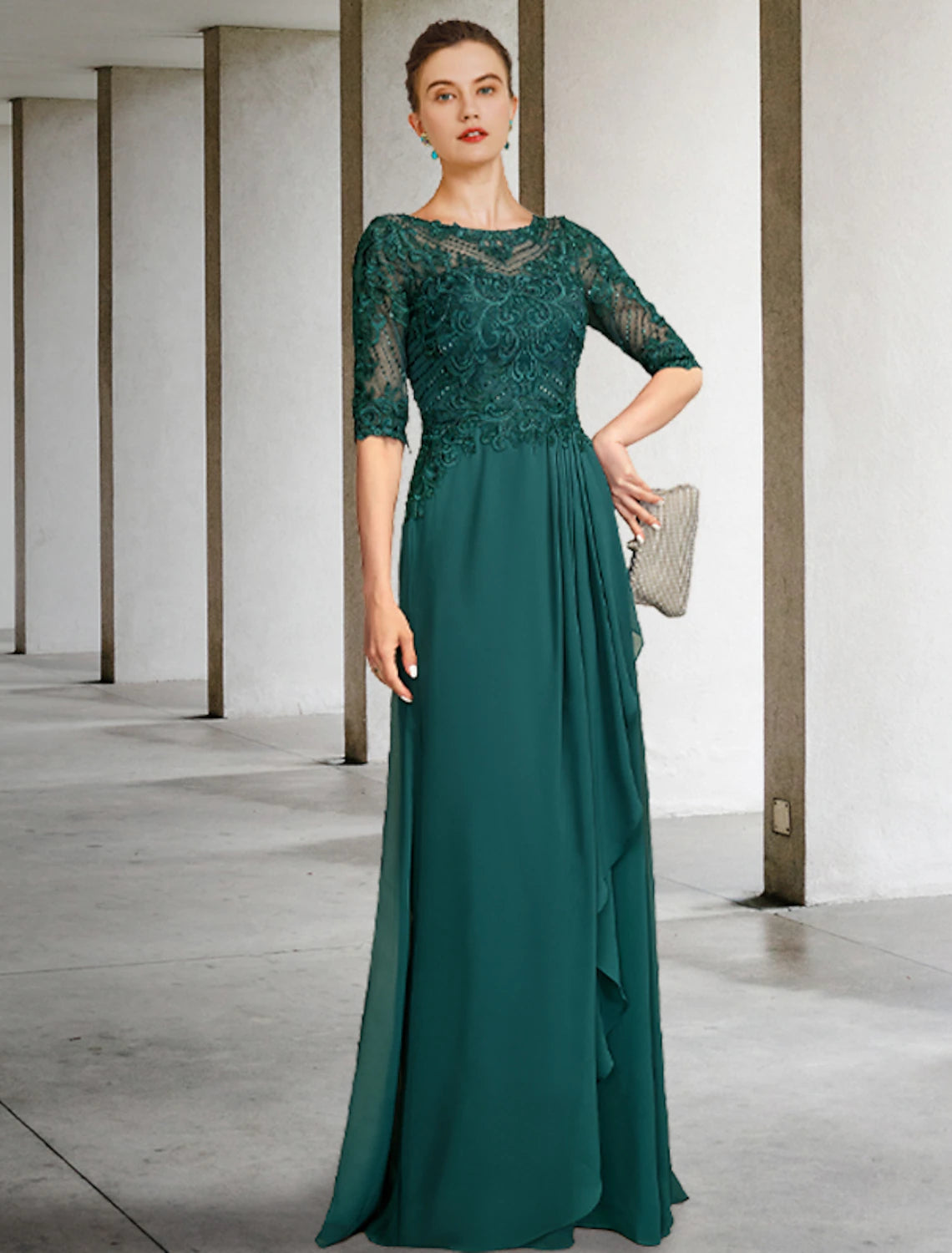 Weitese A-Line Mother of the Bride Dress Luxurious Elegant Jewel Neck Floor Length Chiffon Lace Half Sleeve with Pleats Beading Appliques