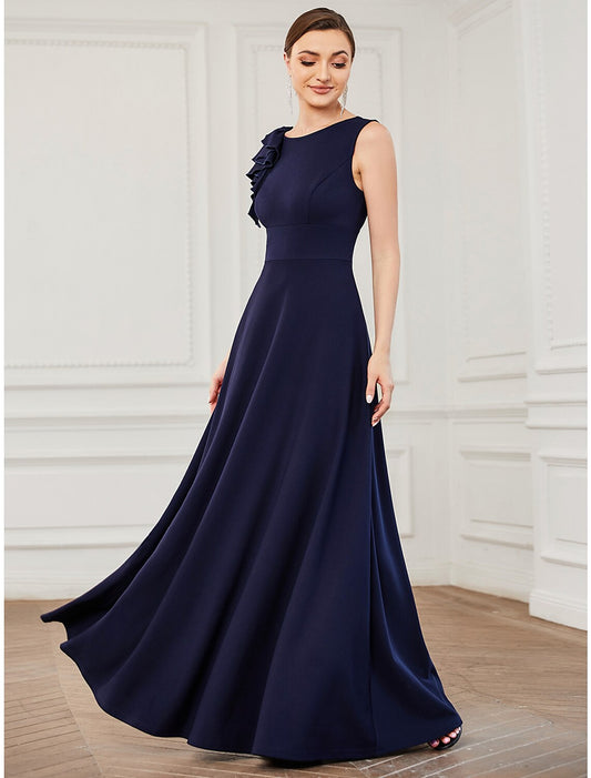 Weitese A-Line Evening Gown Elegant Dress Formal Wedding Guest Floor Length Sleeveless Jewel Neck Bridesmaid Dress Polyester with Draping Appliques Pure Color