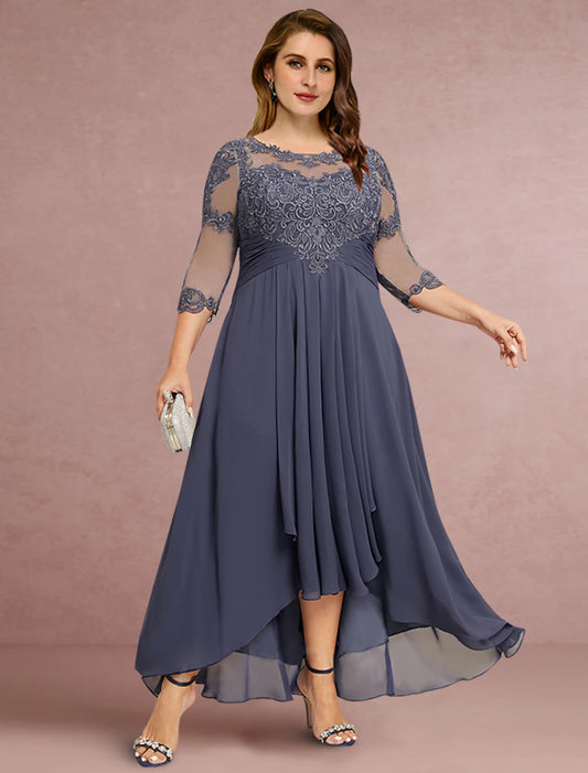 Weitese Sheath / Column Mother of the Bride Dress Wedding Guest Elegant Jewel Neck Asymmetrical Chiffon Lace 3/4 Length Sleeve with Pleats Solid Color