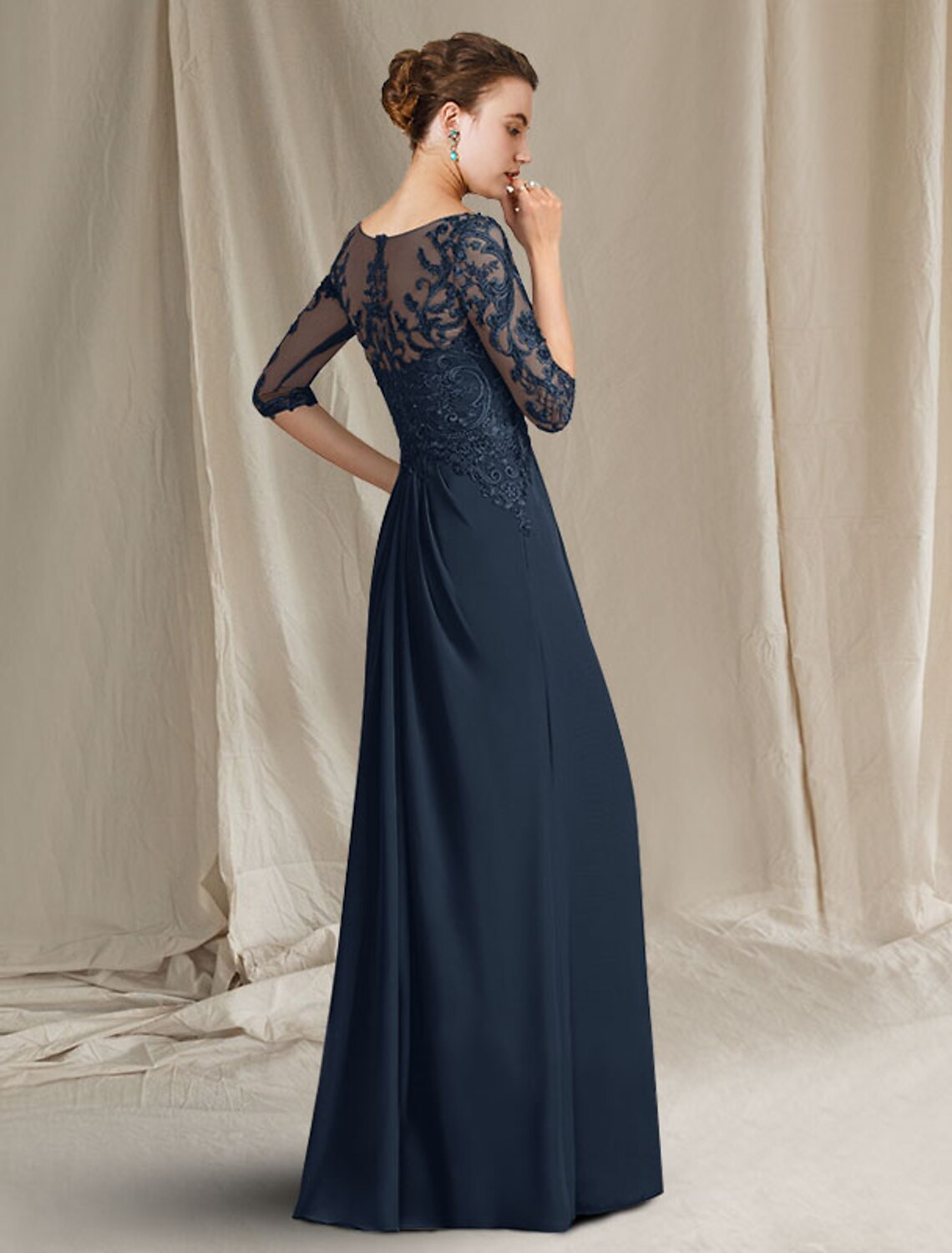 Weitese A-Line Mother of the Bride Dress Elegant V Neck Floor Length Chiffon Lace Half Sleeve with Draping Appliques