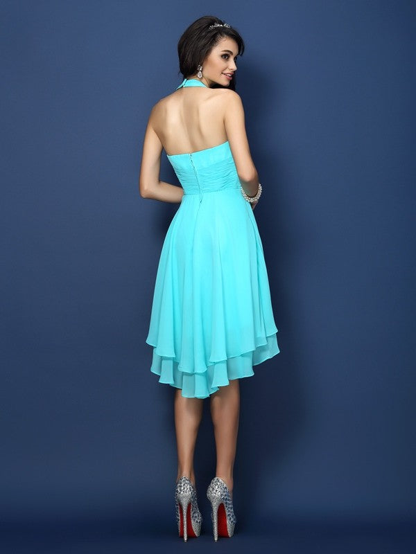 Weitese A-Line/Princess Halter Pleats Sleeveless Short Chiffon Bridesmaid Dresses