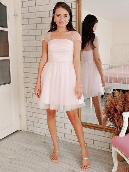 Weitese A-Line/Princess Tulle Beading Strapless Short Sleeves Short/Mini Dresses