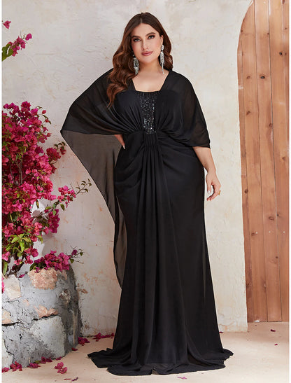 Weitese Mermaid / Trumpet Wedding Guest Dresses Plus Size Dress Formal Evening Party Dress Sweep / Brush Train Long Sleeve V Neck Polyester with Sequin Shawl