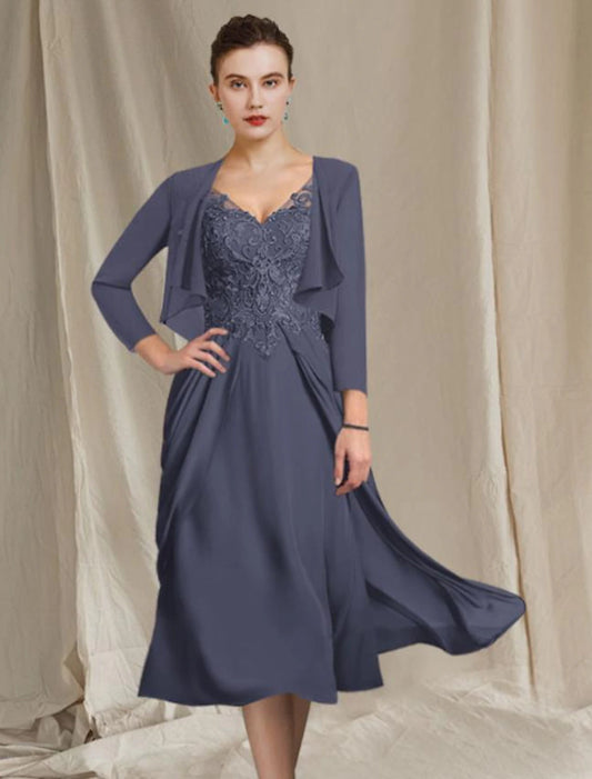 Weitese A-Line Mother of the Bride Dress Plus Size Elegant V Neck Tea Length Chiffon Lace Short Sleeve Wrap Included with Appliques