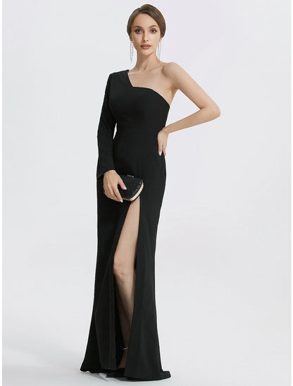 Weitese Mermaid Evening Gown Elegant Black Dress Wedding Guest Prom Floor Length Long Sleeve One Shoulder Stretch Fabric with Slit