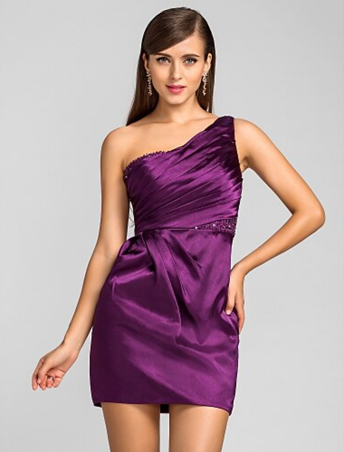 Weitese Sheath / Column One Shoulder Short / Mini Stretch Satin Cocktail Party Dress with Beading / Side Draping