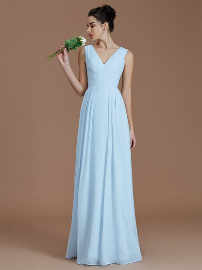 Weitese A-Line/Princess V-neck Sleeveless Ruched Floor-Length Chiffon Bridesmaid Dresses