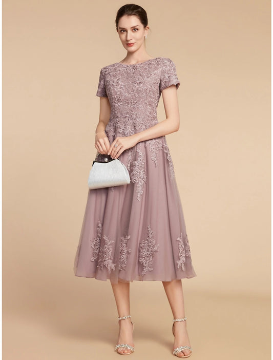 Weitese A-Line Mother of the Bride Dress Wedding Guest Elegant Petite Jewel Neck Tea Length Lace Tulle Short Sleeve with Ruching Flower