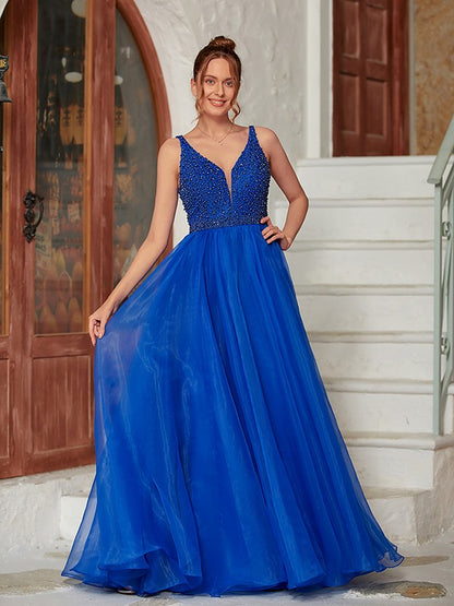 Weitese A-Line/Princess Organza Beading V-neck Sleeveless Floor-Length Dresses