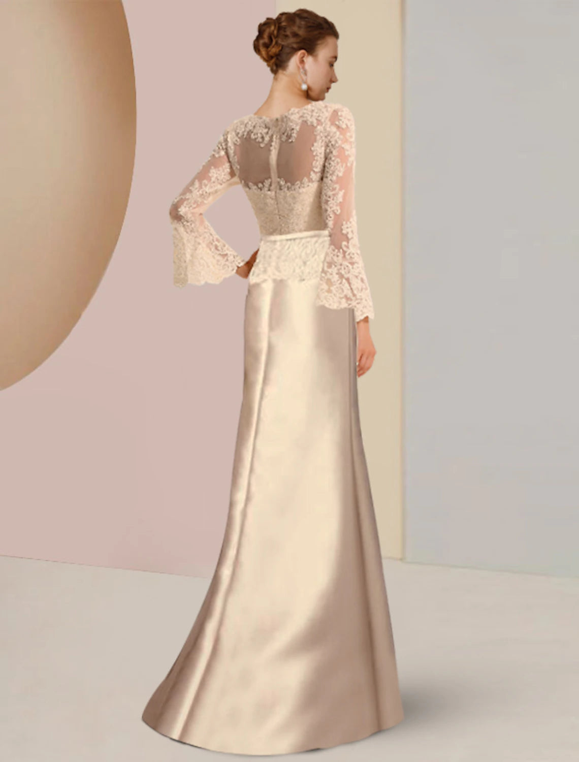 Weitese Sheath / Column Mother of the Bride Dress Wedding Guest Elegant Scoop Neck Sweep / Brush Train Satin Lace Long Sleeve with Beading Appliques