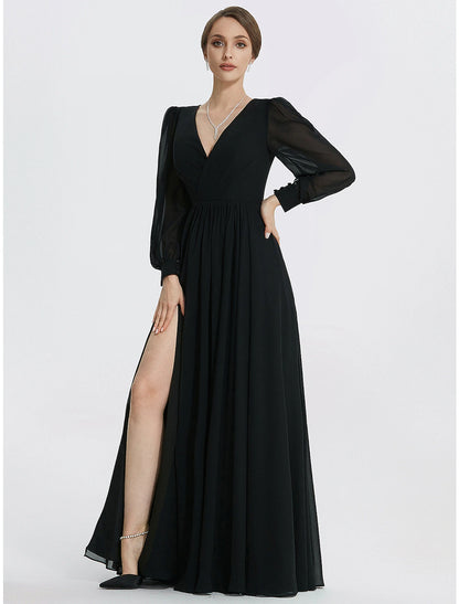 Weitese A-Line Evening Gown Elegant Dress Formal Floor Length Long Sleeve V Neck Chiffon with Slit