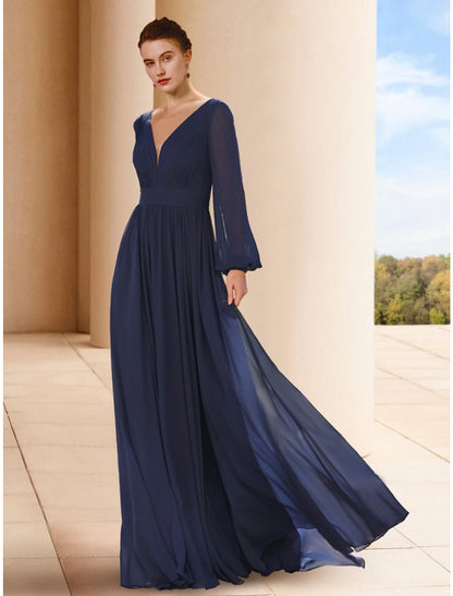 Weitese A-Line Mother of the Bride Dress Wedding Guest Elegant V Neck Floor Length Chiffon Long Sleeve with Ruching Solid Color