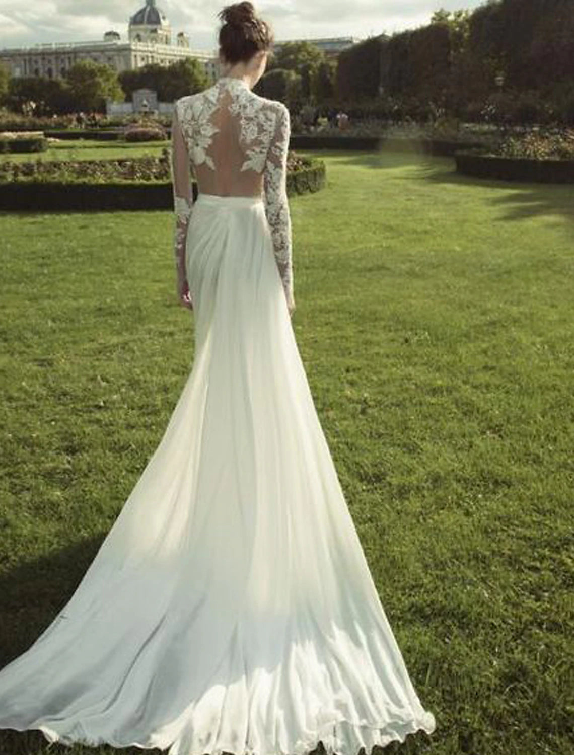 Weitese Beach Wedding Dresses A-Line High Neck Long Sleeve Court Train Chiffon Bridal Gowns